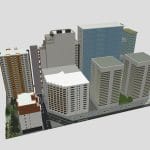 Street with modern buildings in Minecraft.