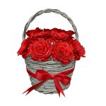 Bouquet of red roses in wicker basket