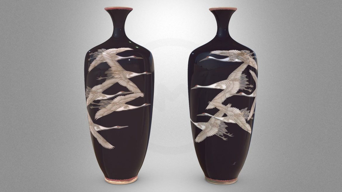two small vases ornamented with cranes in flight.thumb