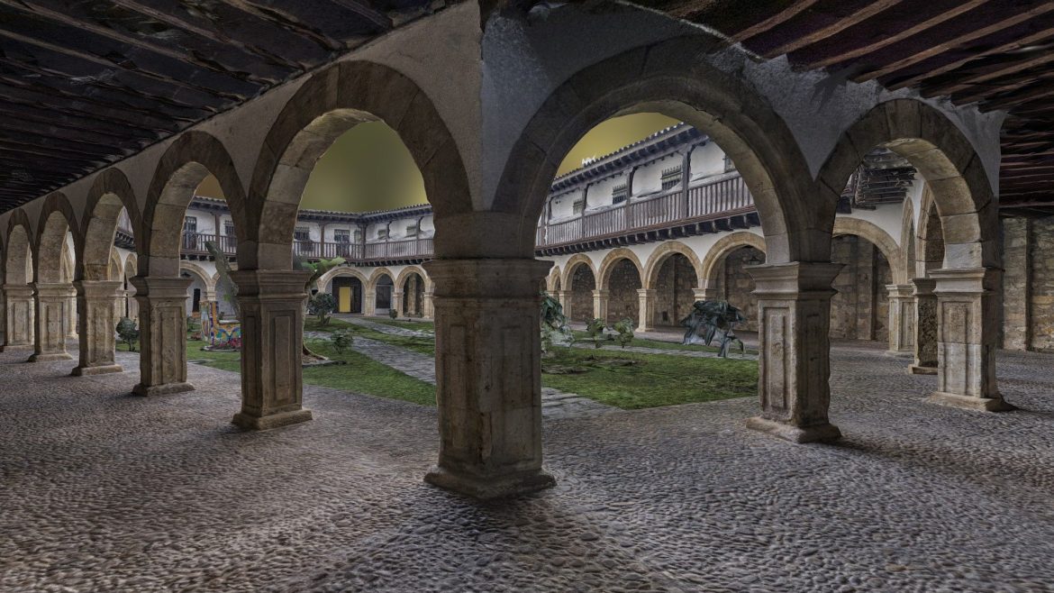 courtyard with benches and trees.thumb