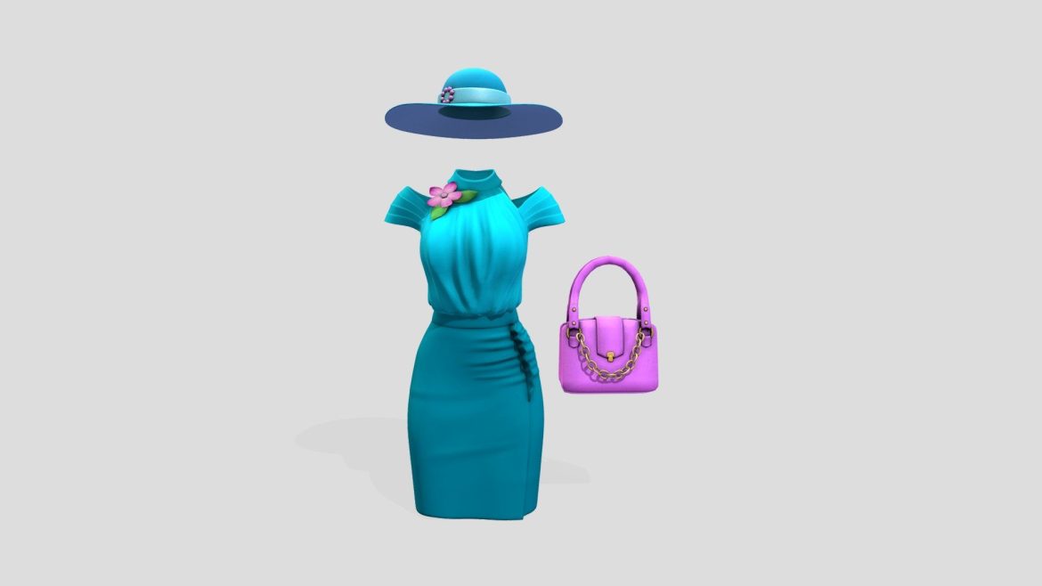 elegant teal female outfit skirt top bag hat.thumb