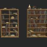 Stylized alchemist shelves with books and skull